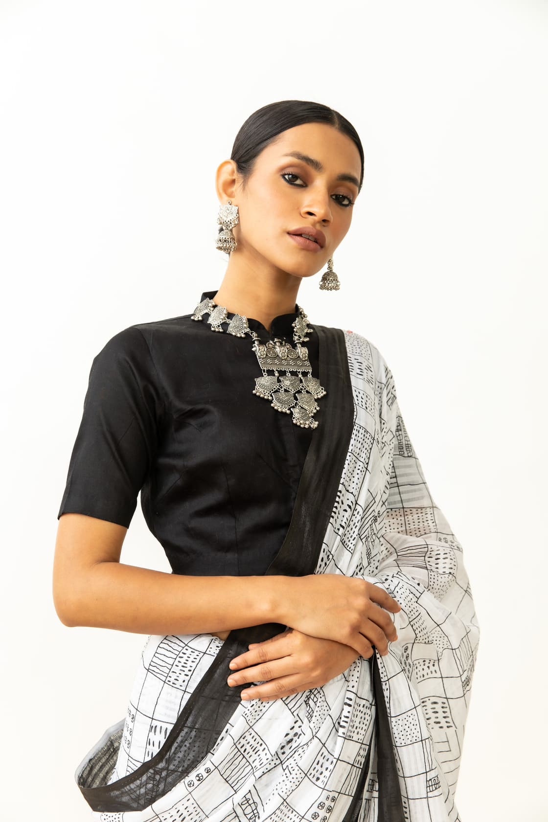 
                  
                    Black & White Cotton Printed Saree
                  
                
