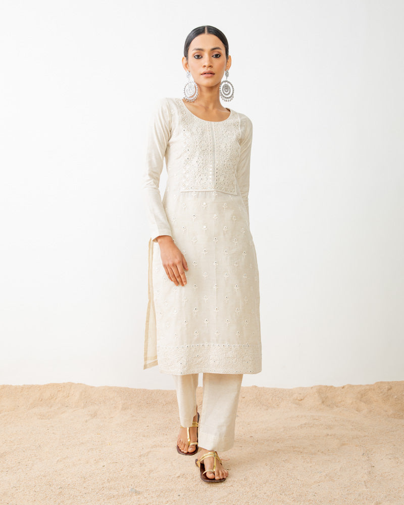 
                  
                    Ivory Color Chanderi Embroidered Kurti
                  
                