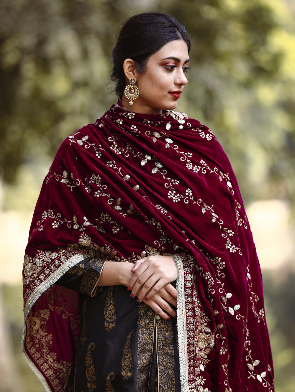 Women's Velvet Embroidered Panelled Brown Lehenga choli and Dupatta set